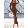 imagePRETTYGARDEN Womens 2025 Fall Sweater Dress Long Sleeve Off Shoulder Slit Maxi Bodycon Cocktail Party DressesDark Brown