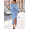 imagePRETTYGARDEN Womens 2025 Fall Sweater Dress Long Sleeve Off Shoulder Slit Maxi Bodycon Cocktail Party DressesLight Blue