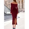 imagePRETTYGARDEN Womens 2025 Fall Sweater Dress Long Sleeve Off Shoulder Slit Maxi Bodycon Cocktail Party DressesWine Red