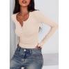 imagePRETTYGARDEN Womens 2025 Summer Long Sleeve Henley T Shirts Ribbed Knit Button Slim Fitted Basic Casual Going Out Fall TopsBeige