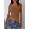 imagePRETTYGARDEN Womens 2025 Summer Long Sleeve Henley T Shirts Ribbed Knit Button Slim Fitted Basic Casual Going Out Fall TopsBrown