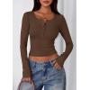 imagePRETTYGARDEN Womens 2025 Summer Long Sleeve Henley T Shirts Ribbed Knit Button Slim Fitted Basic Casual Going Out Fall TopsCoffee