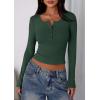 imagePRETTYGARDEN Womens 2025 Summer Long Sleeve Henley T Shirts Ribbed Knit Button Slim Fitted Basic Casual Going Out Fall TopsDark Green