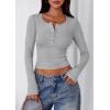 imagePRETTYGARDEN Womens 2025 Summer Long Sleeve Henley T Shirts Ribbed Knit Button Slim Fitted Basic Casual Going Out Fall TopsGrey