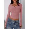 imagePRETTYGARDEN Womens 2025 Summer Long Sleeve Henley T Shirts Ribbed Knit Button Slim Fitted Basic Casual Going Out Fall TopsGrey Pink