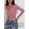 imagePRETTYGARDEN Womens 2025 Summer Long Sleeve Henley T Shirts Ribbed Knit Button Slim Fitted Basic Casual Going Out Fall TopsGrey Pink