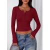 imagePRETTYGARDEN Womens 2025 Summer Long Sleeve Henley T Shirts Ribbed Knit Button Slim Fitted Basic Casual Going Out Fall TopsWine Red