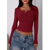 imagePRETTYGARDEN Womens 2025 Summer Long Sleeve Henley T Shirts Ribbed Knit Button Slim Fitted Basic Casual Going Out Fall TopsWine Red