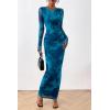 imagePRETTYGARDEN Womens Bodycon Maxi Dress Fall Spring Fashion Long Sleeve Floral Print Tight Fitted Party Club Ruched DressesPrint Blue Green