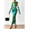 imagePRETTYGARDEN Womens Bodycon Maxi Dress Fall Spring Fashion Long Sleeve Floral Print Tight Fitted Party Club Ruched DressesPrint Green