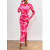 imagePRETTYGARDEN Womens Bodycon Maxi Dress Fall Spring Fashion Long Sleeve Floral Print Tight Fitted Party Club Ruched DressesPrint Pink