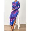 imagePRETTYGARDEN Womens Bodycon Maxi Dress Fall Spring Fashion Long Sleeve Floral Print Tight Fitted Party Club Ruched DressesPurple Blue