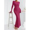 imagePRETTYGARDEN Womens Fall Fashion 2025 Long Sleeve Maxi Dress Ribbed Knit Boat Neck Bodycon Casual Dresses Going Out OutfitsRose Red
