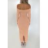 imagePRETTYGARDEN Womens Fall Off The Shoulder Maxi Dress Spring Long Sleeve Ruched Fitted Bodycon Club Dresses with SlitBeige