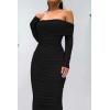 imagePRETTYGARDEN Womens Fall Off The Shoulder Maxi Dress Spring Long Sleeve Ruched Fitted Bodycon Club Dresses with SlitBlack