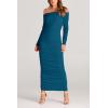 imagePRETTYGARDEN Womens Fall Off The Shoulder Maxi Dress Spring Long Sleeve Ruched Fitted Bodycon Club Dresses with SlitLake Blue