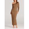 imagePRETTYGARDEN Womens Fall Off The Shoulder Maxi Dress Spring Long Sleeve Ruched Fitted Bodycon Club Dresses with SlitLight Brown