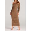 imagePRETTYGARDEN Womens Fall Off The Shoulder Maxi Dress Spring Long Sleeve Ruched Fitted Bodycon Club Dresses with SlitLight Brown