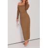 imagePRETTYGARDEN Womens Fall Off The Shoulder Maxi Dress Spring Long Sleeve Ruched Fitted Bodycon Club Dresses with SlitLight Brown