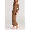 imagePRETTYGARDEN Womens Fall Off The Shoulder Maxi Dress Spring Long Sleeve Ruched Fitted Bodycon Club Dresses with SlitLight Brown