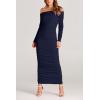 imagePRETTYGARDEN Womens Fall Off The Shoulder Maxi Dress Spring Long Sleeve Ruched Fitted Bodycon Club Dresses with SlitNavy