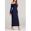 imagePRETTYGARDEN Womens Fall Off The Shoulder Maxi Dress Spring Long Sleeve Ruched Fitted Bodycon Club Dresses with SlitNavy