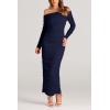 imagePRETTYGARDEN Womens Fall Off The Shoulder Maxi Dress Spring Long Sleeve Ruched Fitted Bodycon Club Dresses with SlitNavy