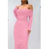 imagePRETTYGARDEN Womens Fall Off The Shoulder Maxi Dress Spring Long Sleeve Ruched Fitted Bodycon Club Dresses with SlitPink