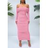 imagePRETTYGARDEN Womens Fall Off The Shoulder Maxi Dress Spring Long Sleeve Ruched Fitted Bodycon Club Dresses with SlitPink