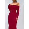 imagePRETTYGARDEN Womens Fall Off The Shoulder Maxi Dress Spring Long Sleeve Ruched Fitted Bodycon Club Dresses with SlitRed