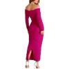 imagePRETTYGARDEN Womens Fall Off The Shoulder Maxi Dress Spring Long Sleeve Ruched Fitted Bodycon Club Dresses with SlitRose Red