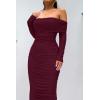 imagePRETTYGARDEN Womens Fall Off The Shoulder Maxi Dress Spring Long Sleeve Ruched Fitted Bodycon Club Dresses with SlitWine Red