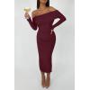 imagePRETTYGARDEN Womens Fall Off The Shoulder Maxi Dress Spring Long Sleeve Ruched Fitted Bodycon Club Dresses with SlitWine Red