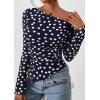 imagePRETTYGARDEN Womens Fall Trendy Off Shoulder Y2k Tops 2025 Tie Dye Mesh Long Sleeve Shirts Asymmetrical Ruched Floral BlouseDot Navy Blue White