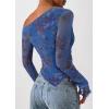 imagePRETTYGARDEN Womens Fall Trendy Off Shoulder Y2k Tops 2025 Tie Dye Mesh Long Sleeve Shirts Asymmetrical Ruched Floral BlouseFloral Blue