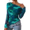 imagePRETTYGARDEN Womens Fall Trendy Off Shoulder Y2k Tops 2025 Tie Dye Mesh Long Sleeve Shirts Asymmetrical Ruched Floral BlouseFloral Lake Blue