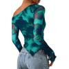 imagePRETTYGARDEN Womens Fall Trendy Off Shoulder Y2k Tops 2025 Tie Dye Mesh Long Sleeve Shirts Asymmetrical Ruched Floral BlouseFloral Lake Blue