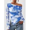 imagePRETTYGARDEN Womens Fall Trendy Off Shoulder Y2k Tops 2025 Tie Dye Mesh Long Sleeve Shirts Asymmetrical Ruched Floral BlouseFloral Light Blue