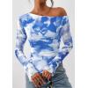imagePRETTYGARDEN Womens Fall Trendy Off Shoulder Y2k Tops 2025 Tie Dye Mesh Long Sleeve Shirts Asymmetrical Ruched Floral BlouseFloral Light Blue
