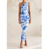 imagePRETTYGARDEN Womens One Shoulder Bodycon Dresses Summer 2025 Ruched Floral Beach Cocktail Wedding Guest DressBlue