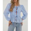 imagePRETTYGARDEN Womens Spring Fall Babydoll Peplum Blouse Shirt Puff Long Sleeve Bow Tie Front Trendy Cute Y2K Going Out TopsPlaid Light Blue