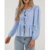 imagePRETTYGARDEN Womens Spring Fall Babydoll Peplum Blouse Shirt Puff Long Sleeve Bow Tie Front Trendy Cute Y2K Going Out TopsPlaid Light Blue
