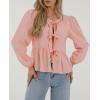imagePRETTYGARDEN Womens Spring Fall Babydoll Peplum Blouse Shirt Puff Long Sleeve Bow Tie Front Trendy Cute Y2K Going Out TopsPlaid Pink