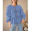 imagePRETTYGARDEN Womens Spring Fall Babydoll Peplum Blouse Shirt Puff Long Sleeve Bow Tie Front Trendy Cute Y2K Going Out TopsSolid Blue