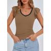 imagePRETTYGARDEN Womens V Neck Summer Tops Ruffle Sleeveless Slim Fit T Shirts Going Out Casual Blouses 2025Camel