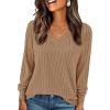 imagePRETTYGARDEN Fall Fashion 2025 Long Sleeve Shirts for Women Ribbed Knit V Neck Dressy Casual Lightweight Sweaters Tunic TopsKhaki