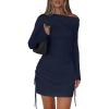 imagePRETTYGARDEN Long Sleeve Dress for Women Early Fall Fashion 2025 Cocktail Party Bodycon Off The Shoulder Mini Ruched DressesNavy Blue