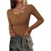 imagePRETTYGARDEN Womens 2025 Summer Long Sleeve Henley T Shirts Ribbed Knit Button Slim Fitted Basic Casual Going Out Fall TopsBrown