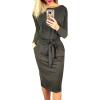 imagePRETTYGARDEN Womens Fall Bodycon Party Dress Casual Long Sleeve Tie Waist Fitted Sheath Pencil Dresses with PocketsDark Grey