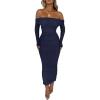 imagePRETTYGARDEN Womens Fall Off The Shoulder Maxi Dress Spring Long Sleeve Ruched Fitted Bodycon Club Dresses with SlitNavy